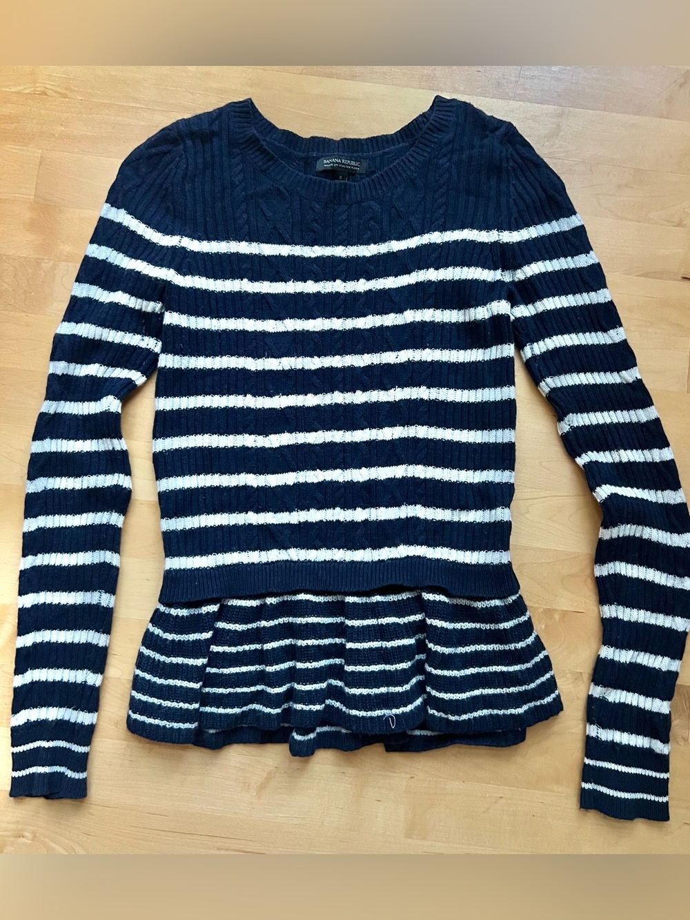 Banana Republic Navy & White Striped Peplum Crew Sweater